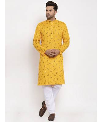 Men Yellow and White Cotton Printed Kurta with Pyjamas 5