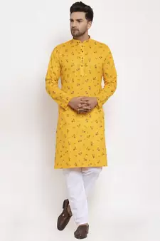 Men Yellow and White Cotton Printed Kurta with Pyjamas