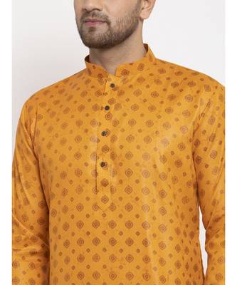 Men Mustard and White Cotton Printed Kurta with Pyjamas 2