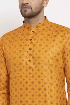 Men Mustard and White Cotton Printed Kurta with Pyjamas