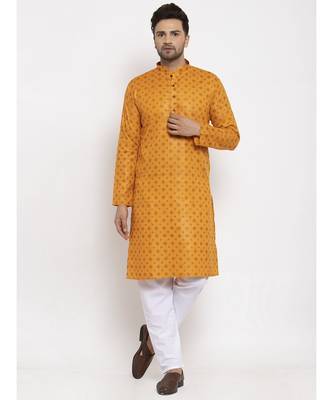 Men Mustard and White Cotton Printed Kurta with Pyjamas 1