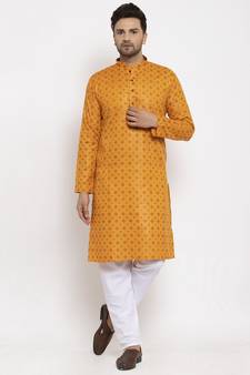 Men Mustard and White Cotton Printed Kurta with Pyjamas