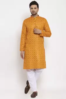 Men Mustard and White Cotton Printed Kurta with Pyjamas