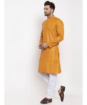 Men Mustard and White Cotton Printed Kurta with Pyjamas 3