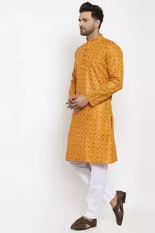 Men Mustard and White Cotton Printed Kurta with Pyjamas