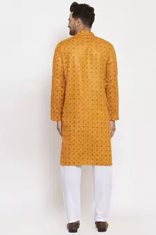 Men Mustard and White Cotton Printed Kurta with Pyjamas