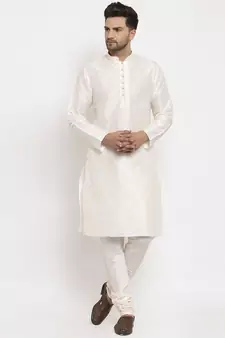Men Cream Silk Kurta with Churidar