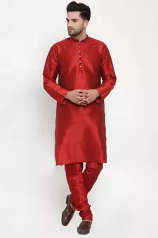 Men Maroon Silk Kurta with Churidar