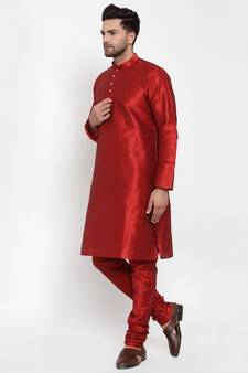 Men Maroon Silk Kurta with Churidar