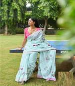 Sky blue printed linen saree with blouse