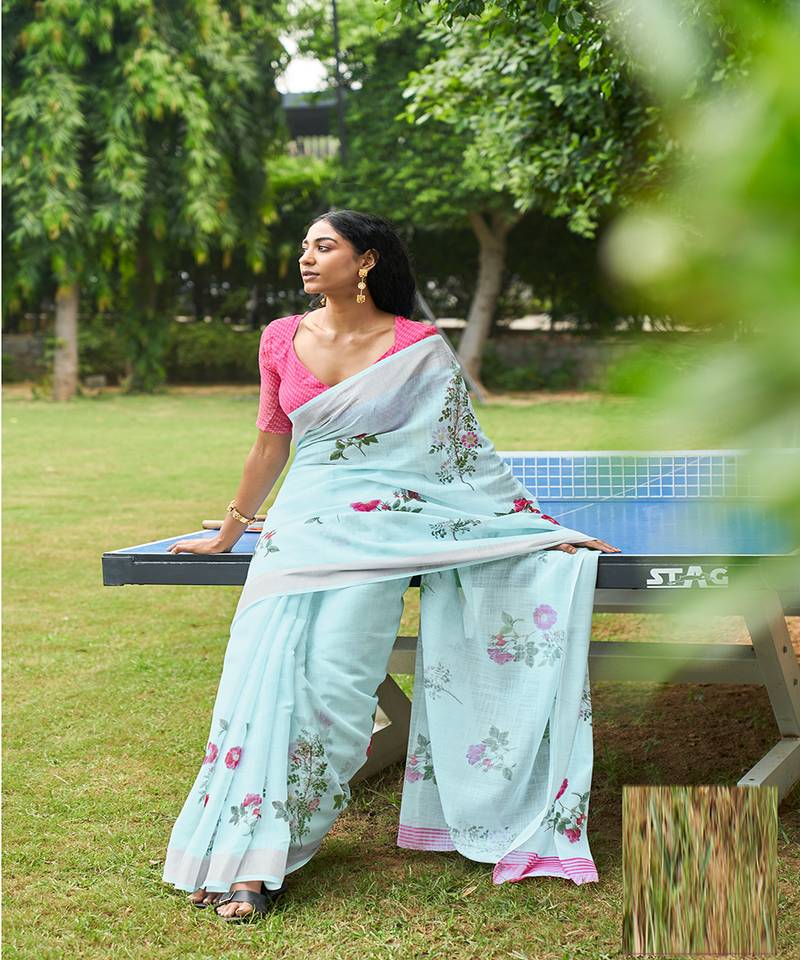 Sky blue printed linen saree with blouse