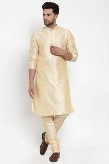Men Beige Silk Kurta with Churidar