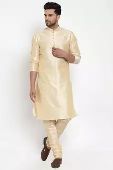 Men Beige Silk Kurta with Churidar
