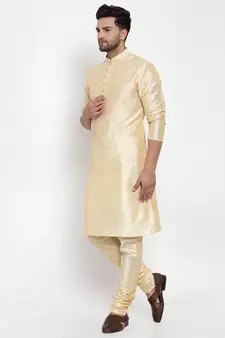 Men Beige Silk Kurta with Churidar