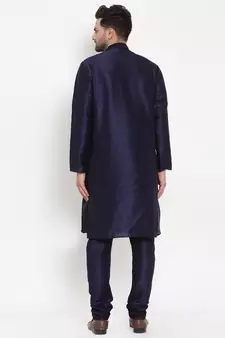 Men Navy Blue Silk Kurta with Churidar