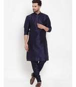 Men Navy Blue Silk Kurta with Churidar