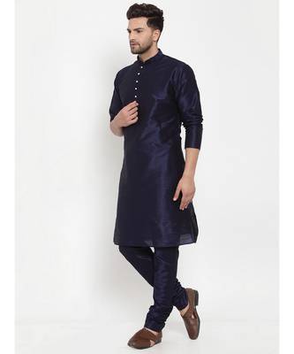 Men Navy Blue Silk Kurta with Churidar 4