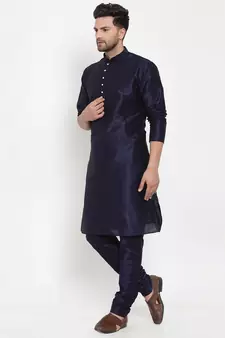 Men Navy Blue Silk Kurta with Churidar