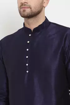 Men Navy Blue Silk Kurta with Churidar
