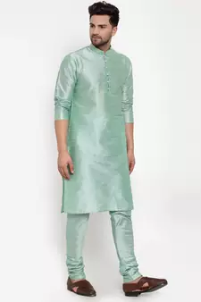 Men Sea Green Silk Kurta with Churidar