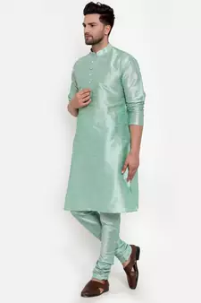 Men Sea Green Silk Kurta with Churidar