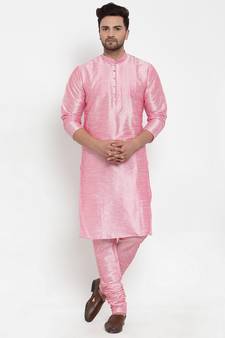 Men Pink Silk Kurta with Churidar