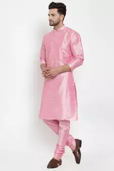 Men Pink Silk Kurta with Churidar