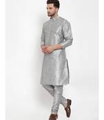 Men Silver Silk Kurta with Churidar