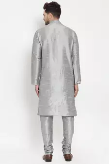 Men Silver Silk Kurta with Churidar