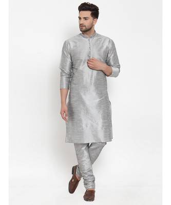 Men Silver Silk Kurta with Churidar 5