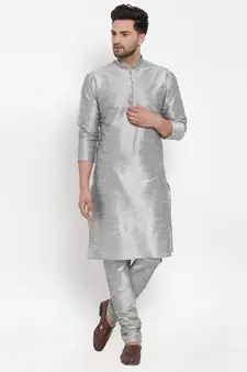 Men Silver Silk Kurta with Churidar
