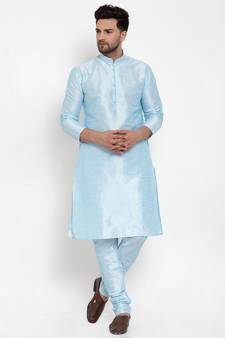 Men Turquoise Blue Silk Kurta with Churidar
