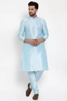 Men Turquoise Blue Silk Kurta with Churidar