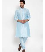 Men Turquoise Blue Silk Kurta with Churidar