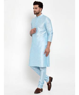 Men Turquoise Blue Silk Kurta with Churidar 4