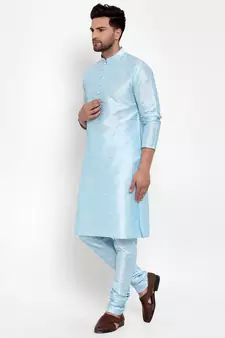Men Turquoise Blue Silk Kurta with Churidar