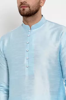 Men Turquoise Blue Silk Kurta with Churidar