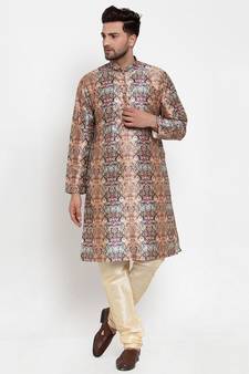 Men Multi Silk Printed Kurta with Churidar