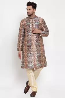 Men Multi Silk Printed Kurta with Churidar