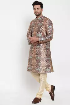 Men Multi Silk Printed Kurta with Churidar