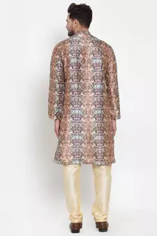 Men Multi Silk Printed Kurta with Churidar