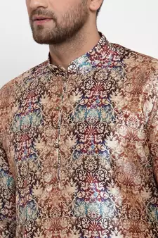 Men Multi Silk Printed Kurta with Churidar