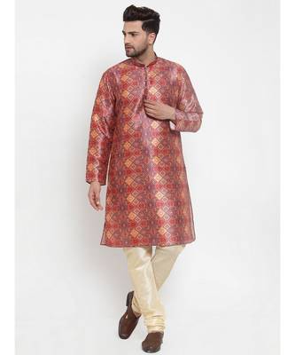 Men Orange Silk Printed Kurta with Churidar 3