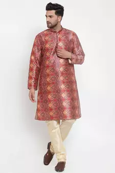 Men Orange Silk Printed Kurta with Churidar