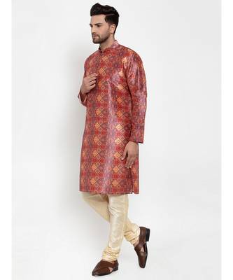 Men Orange Silk Printed Kurta with Churidar 1
