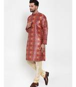 Men Orange Silk Printed Kurta with Churidar