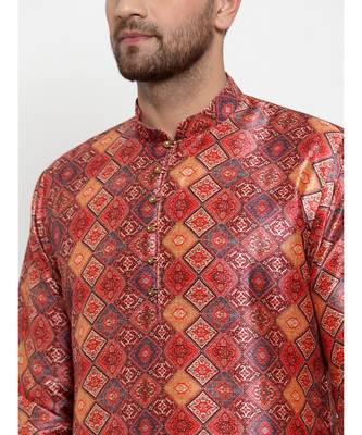 Men Orange Silk Printed Kurta with Churidar 4