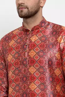 Men Orange Silk Printed Kurta with Churidar