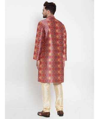 Men Orange Silk Printed Kurta with Churidar 5