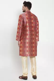 Men Orange Silk Printed Kurta with Churidar